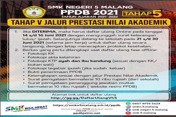 DAFTAR ULANG PPDB TAHAP 5 JALUR PRESTASI NILAI AKADEMIK